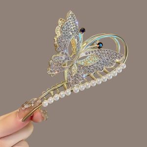 Korean Fashion Pearl Rhinestone Butterfly Large Hair Clip for Women Cute Gold Metal Hair Clamp Headdress Weddings Accessories Gifts