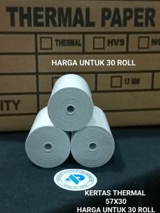 ( 30 ROLL ) kertas thermal polos 57 x 30 58x30 cocok untuk mesin printer EDC dan printer BLOUTOT. hasil print hitam. kertas thermal polos