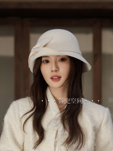 Elegant Autumn Winter Woolen Knit Hat for Women with Side Flap And Bow British Style Fisherman Bucket Hat Wide Brim round Top