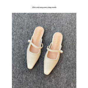 Closed Toe Half Slippers Womens Summer Outwear French Gentle Low Heel Shoes Pearl Fairy Style Flats One-Strap Muller Sandals