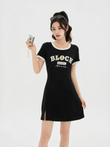 SANFU | Elegant Letter Print and Color Contrast Sleeve Waist Gathering Dress