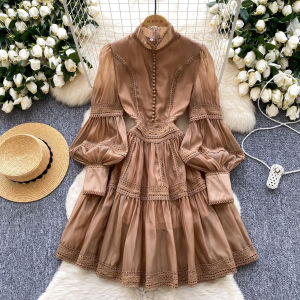 ชุดเดรสยาวแขนโคมไฟสไตล์ฝรั่งเศสสำหรับผู้หญิง ดีไซน์ปักลายดอกไม้ ช่วงต้นฤดูใบไม้ผลิ ชุดเดรสยาวเอวสูงสไตล์เกาหลี