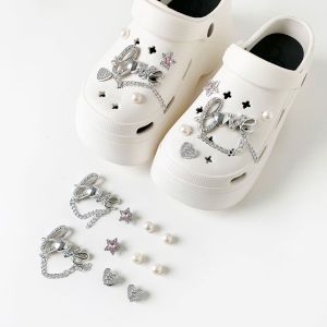 10Pcs Crocs Jibbitz Charms Crystal Diamonds Pearl Shoes Buckles Detachable Silver Metal Shoe Chain for Crocs