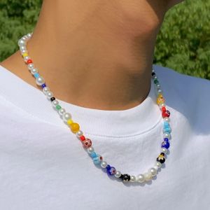 Ingemark Boho Imitation Pearl Choker Necklace for Men Vintage Simple Mixed Color Beads Neck Accessories 2026 New Couple Jewelry