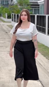 A4 กางเกง5ส่วนขาบาน กางเกงสาวอวบ ผ้าวูลเวฟ เอวยางยืด ทรงกระบอกใหญ่