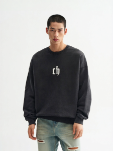 CHINISM | Heavyweight Washed Black Round Neck Mens Hoodie