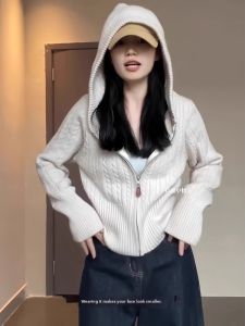 Stylish French Design Cable Hoodie Cardigan