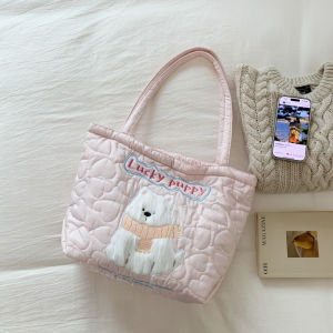 Cute Cat Design Large Capacity Single Shoulder Tote Bag Commuter Student Bag Youthful Embroidery Soft Fabric Shopping Bag
