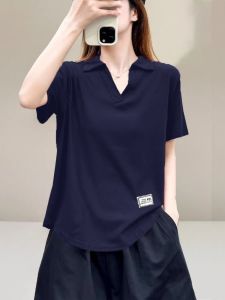 Loose Fit Pure Cotton Polo Neck Short Sleeve T-Shirt Womens Summer plus Size Conceal Belly Fat MM Youthful Solid Color Top