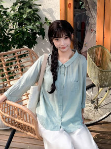 เสื้อเชิ้ตผู้หญิงแขนสั้นสีเขียวสไตล์วินเทจญี่ปุ่น ทรงหลวม ทรงปกติ คอโปโล ทรงปกติ ผ้าโพลีเอสเตอร์ 80% ผ้าฝ้าย 20%