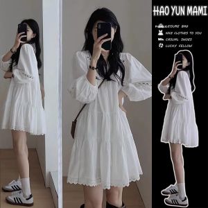Puff Sleeve Hollow-out V-neck Long Sleeve Dress