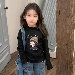 Girls Long Sleeve Fleece Lined Base Layer Shirt Childrens Brushed Thermal Top Half High Collar Baby Cartoon Inner Wear Kids Clothes