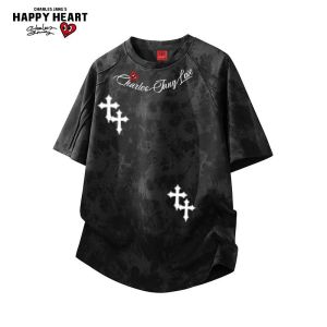 CHARLES JANGS HAPPY HEART | Heart Cross Letter Print T-Shirt Short Sleeves Loose Fit