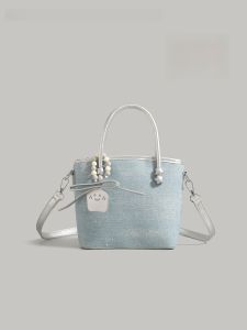 UR Fashionable Denim Tote Bag Womens Crossbody Handbag Glittering Summer New Style Silver Shiny Sequin Handbag Trendy Bucket Bag