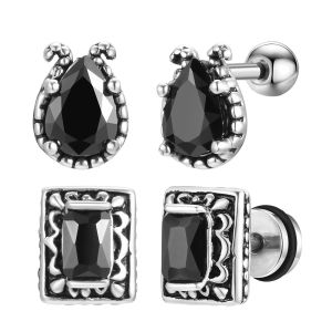 Kemstone Mens Black Drip Square zircon Engraved Vintage Stainless Steel Ear Studs Fashion Jewelry Gift