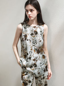 Miccbeirn | Silk Elastic Round Neck Sleeveless Vest Printed Vintage Artistic Style Fashion Slimming Quality Inner Wear Commute Style Summer