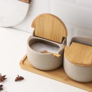 Japanese Style Ceramic Seasoning Jar Bamboo Lid Spice Jar With Spoon Kitchen Sugar Salt Spices Storage Box Household Container