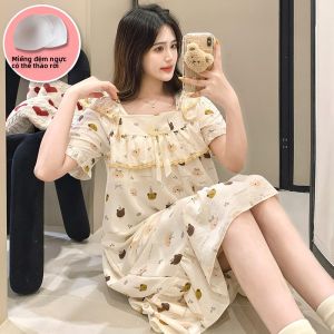 MONLEYTA | Váy ngủ dài mùa hè cho nữ có viền cotton cỡ lớn in họa tiết ngọt ngào mặc nhà Váy ngủ cotton pha trộn cạp cao không tay