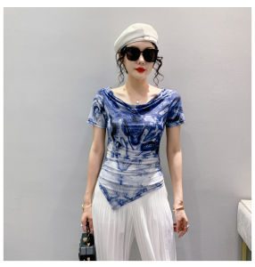 REHIN Women's Summer Fashion: Unique Printed Ink Mesh & Irregular Design T-Shirts