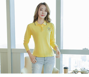 เสื้อยืดคอโปโลผู้หญิงทรงสลิมฟิตสไตล์เกาหลีลายทางดอกไม้ฤดูใบไม้ผลิและฤดูใบไม้ร่วงเสื้อผ้าทำงานแบบสวมหัวแขนยาว