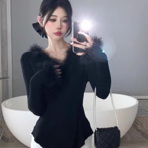 WANGGONGZHU | Soft Cozy V-Neck Irregular Knitted Base Shirt Womens Autumn Winter Fashionable Long Sleeve Pullover Sweater Korean Style