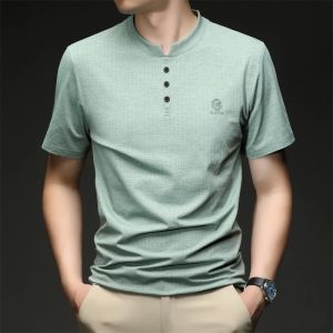 Mens Mandarin Collar Henley T Shirt With Three Button Placket Small Logo Breathable Fabric Short Sleeve