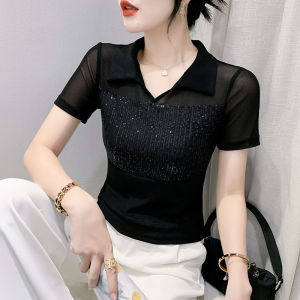 เซ็กซี่ เสื้อยืดเย็บปะติดปะต่อ ผู้หญิง แขนสั้น ฤดูร้อน ประดับหนัก ปกโปโล เสื้อท่อนบน อินเทรนด์ ลูกไม้ ตัดตาข่ายผ้ากอซ สลิมฟิต