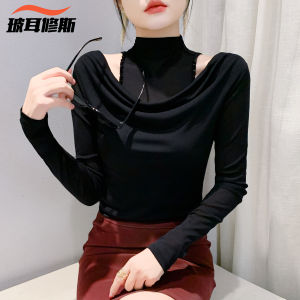 เสื้อยืดคอกลมแขนยาวผู้หญิงฤดูใบไม้ร่วง/ฤดูหนาว ดีไซน์ปักลูกปัด เสื้อเชิ้ตผ้าตาข่ายโปร่ง ทรงเข้ารูป สไตล์เกาหลี เสื้อเชิ้ตคอกลม