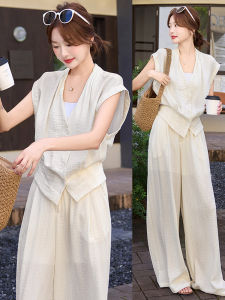 Shalldoer | Bộ váy hai mảnh mùa hè phong cách Pháp cho nữ Bộ váy hai mảnh thời trang trẻ trung Quần ống rộng cổ chữ V tay ngắn