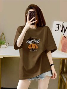 ผู้หญิง ผ้าฝ้าย เสื้อยืดแขนสั้น ทันสมัย หลวม Fit ฤดูร้อน เสื้อท่อนบน พรางหุ่น Effect มีสไตล์ Print Crewneck Mid Length