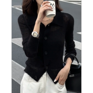 QINGNAER | French Retro Black Collar Long Sleeve Knitwear Women Slim Fit Casual