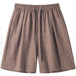 OUMULONG | Brown Beveled Flax Summer Breathable Ice Silk Shorts