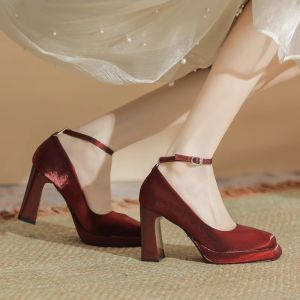 Elegant Red Wine Color Waterproof Tall Heeled Shoes for Brides with Buckle Detailing Slimming Square Head Design for Youth