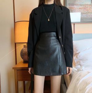Rok Kulit Wanita Rok Pendek Rok Mini Retro Vintage Belah Pinggang Tinggi Gotik Highwaist Split Rok Pendek Bawahan Kasual Antik