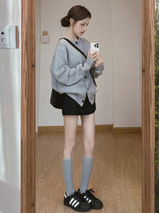 Gray Knitted Sweater Womens Loose Long Sleeve Autumn New Style Fashion Slimming Top Korean Style Regular Fit Dyed Long Sleeve