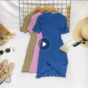 AN-7041 Korean Fashion Mini Dress For Women Pleated Mini Dresses Short Sleeve Round Neck Plain Basic Casual Dresses Party Dress High Quality