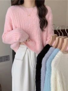 Womens Soft Short Knitted Sweater One-Piece Faux Mink Velvet Spring Autumn Fashion Slimming Base Layer Shirt Trendy