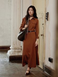 Elegant Intellectual New Chinese Style Polo Dress Womens Diagonal Patterned Midi Dress Retro Design Comfortable Long Sleeve