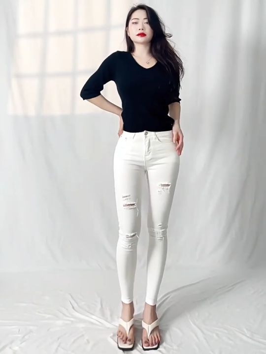KF/JS Woman White Denim High Waist Skinny Jeans Distressed