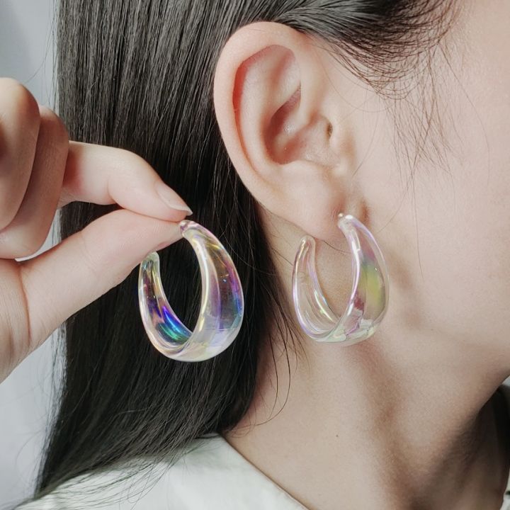 Pair Summer Hoilday Mermaid Transparent Color Acrylic C Shape Hoop  Earring Round Silver Earrings Ear Studs For Sweet Cool Girls Ear Studs For  Lovely