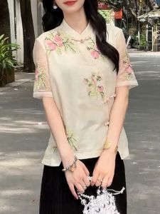 QINGNAER | Chinese Style Embroidered Mandarin Collar Short Sleeve Blouse Large Size