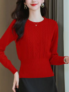 เสื้อสเวตเตอร์สีแดงสำหรับผู้หญิง แฟชั่นฤดูหนาว 2023 เสื้อสเวตเตอร์ถักกระโปรงทรงเอ แขนยาว เสื้อสเวตเตอร์คอคอกลม