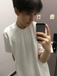 Heavyweight White Small Collar T-Shirt Mens Trendy Brand Pure Cotton Short Sleeve Loose Fit Seven-Quarter Sleeve Casual Tee