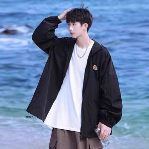 Mens Summer Lightweight Loose Ice Silk UV Protection Jacket Youth Fashionable Long Sleeve Zipper Hooded Coat Breathable