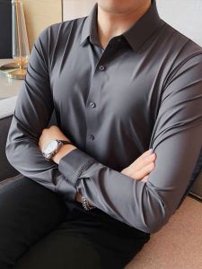 Elegant Long Sleeve Casual Shirt Mens Slim Fit Business Commute Korean Style Elastic Suit Inner Wear Fashion Urban Youth