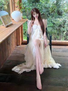 French Style Unique Beautiful Strap Dress Irregular Tulle Fairy Long Dress Summer Season Womens Fashion Elegant Gown