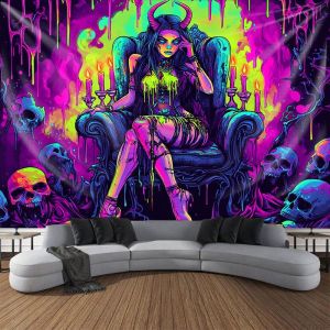 VIKAMA Cyberpunk Kinh Dị Nữ Hoàng Dạ Quang Tấm Thảm Huỳnh Quang Treo Tường Cho Phòng Ngủ Phòng Trò Chơi Trang Trí Sợi Polyester Nghệ Thuật Treo Tường