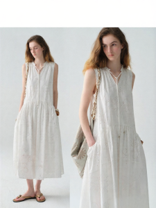 epoque de rueen | Printed Hollow Lace-Up Sleeveless Dress Cotton 100
