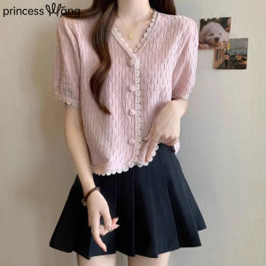 WANGGONGZHU | Princess Style Korean Commute Fashion Loose Short Sleeve V-Neck Lace Trim Womens Shirt Bubble Sleeve T-Shirt Open Cardigan Top