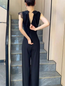 Elegant Black Lace Splice Design One-Piece Suit for Women Summer Slimming Meat Covering Versatile High-End Feelings Commute Style